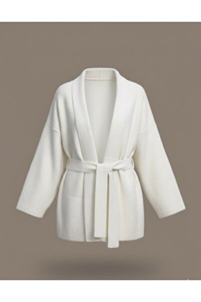 Maysev Kadın Oversize Kemerli Kaşe Dokulu Beyaz Kimono Hırka Premium