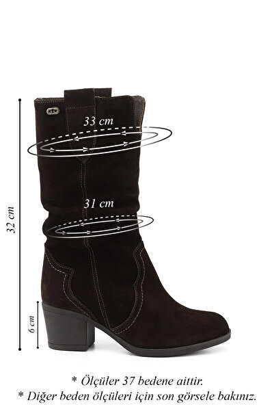 GÖNDERİ(R) Women's Brown Suede Thick Heeled Bellows Genuine Leather Boots
