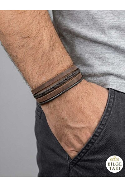 Bilge Takı Men's Brown and Black Multi-Stripe Leather Bracelet, Braided Combi...