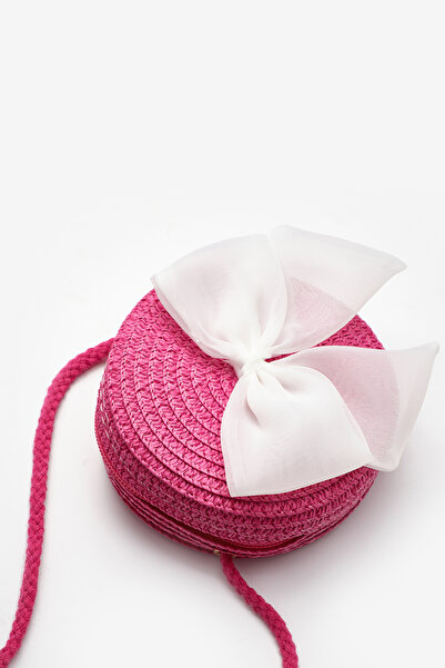 Le Mabelle Geantă de paie pentru fetiță cu fundă albă fucsia