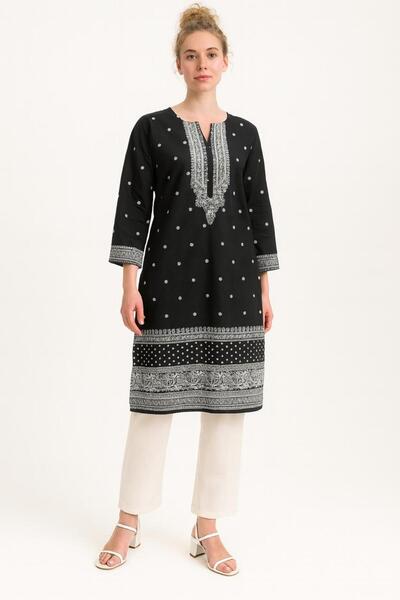 MEEMSEEN INDEPENDENT Black Printed Cotton Kurta with Contrast White Detailing