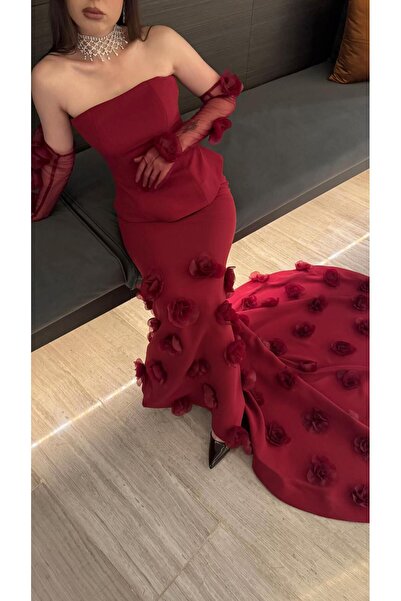 Thara Red off-the-shoulder evening dress with sheer sleeves and a long floral train