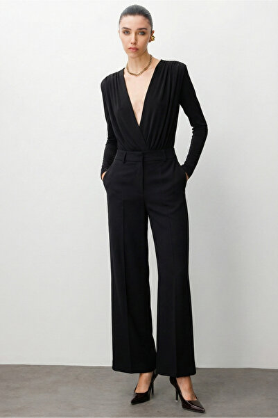 Moda İlgi Modailgi Yüksek Bel Yandan Cepli Paçası Ek Ve Dikiş Detaylı Plazzo Pantolon - 15045 Siyah
