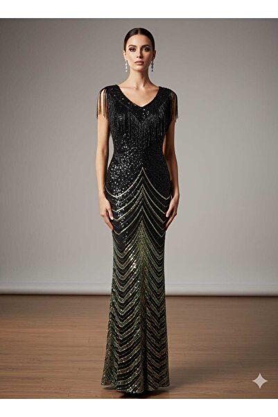 Generic Flapper evening dress with a gradient sequin design and shoulder fringe