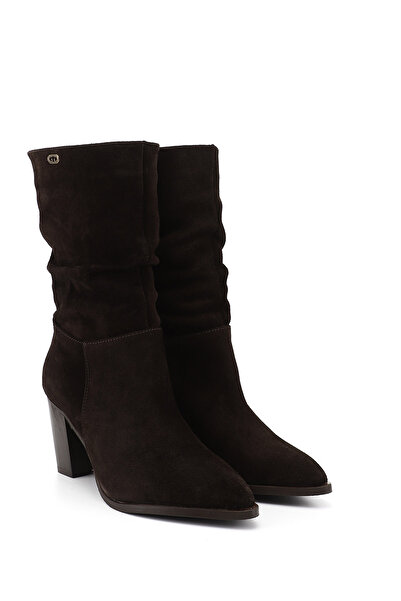 GÖNDERİ(R) Women's Brown Suede Pointed Toe Gusseted Thick Heeled Genuine Leather Boots