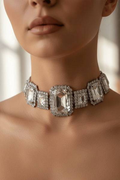 TAKIŞTIR Gümüş Renk Taş Detaylı Tasarım Abiye Kolye