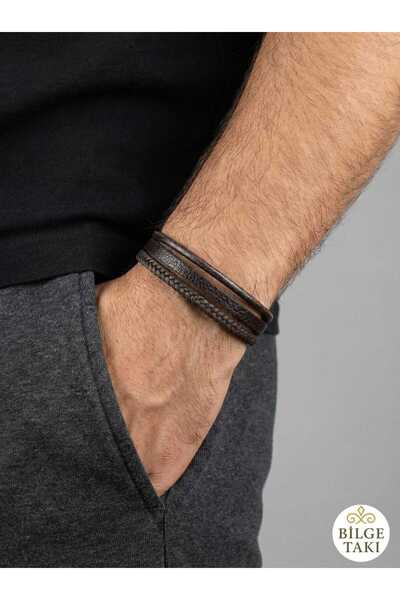 Bilge Takı 3 قطع من أساور الرجال متعددة الجلود باللون البني، بتصميم مضفر وشري...