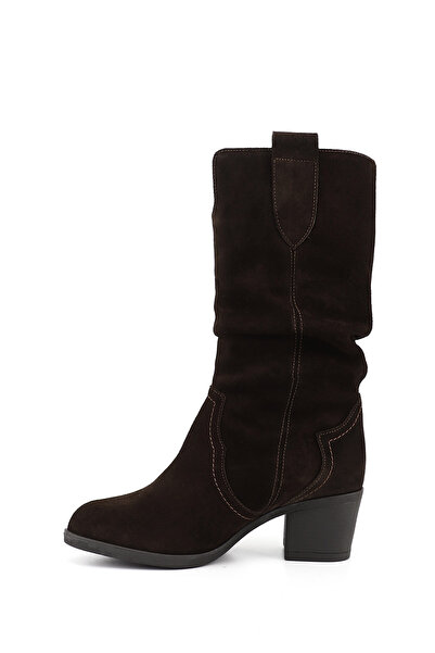 GÖNDERİ(R) Women's Brown Suede Thick Heeled Bellows Genuine Leather Boots