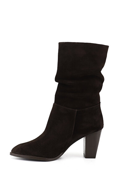 GÖNDERİ(R) Women's Brown Suede Pointed Toe Gusseted Thick Heeled Genuine Leather Boots