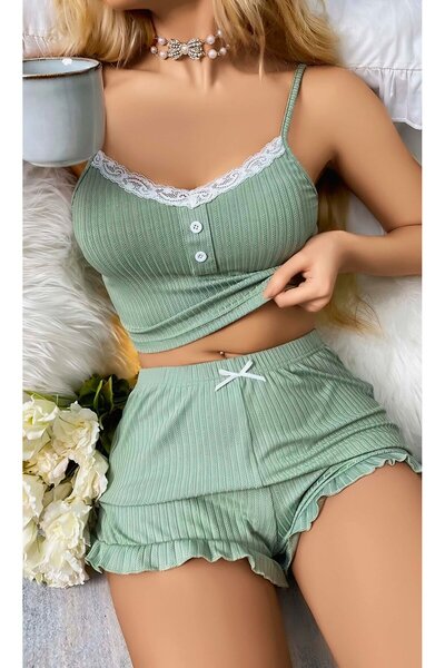 coverest Green Lace Detailed Shorts Pajamas - Nightwear Set