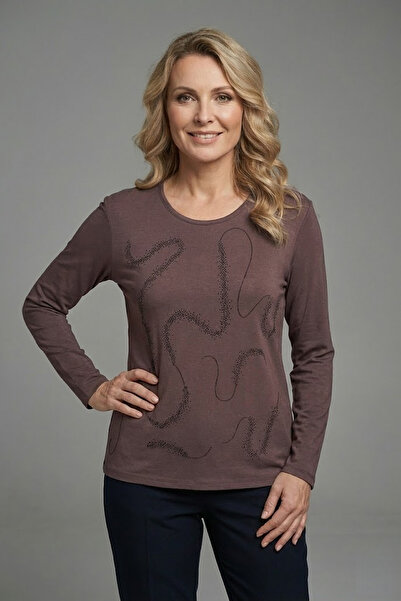 YXL COLLECTION Γυναικείο μπλουζάκι με μακρυμάνικο μπλουζάκι με λαιμόκοψη ελαστικό ύφασμα με πέτρινο στάμπα - Καφέ