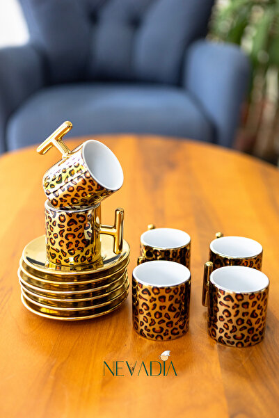 NevaDia 6 Kişilik Gold Leopar Desenli T Kulplu Kahve Fincan Takımı - 90ml
