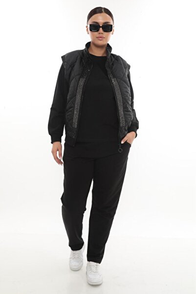 zitex Stone Detailed Vest Set 3-Piece Large Size Tracksuit Set