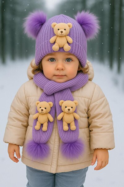 ues Şapcă tricotată cu ursuleţ liliac şi pompon