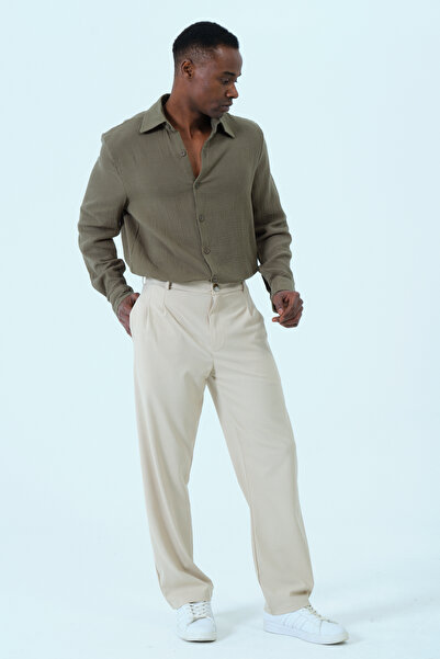 RELAXL Ανδρικό υφασμάτινο παντελόνι μπεζ με πλισέ ψηλόμεσο μοντέρνο στυλ