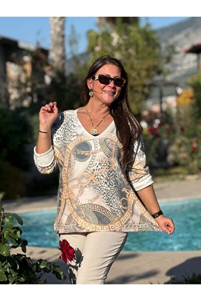 Punta Otantik Yg90662 Mercerized V-Neck Printed Italian Blouse Yellow