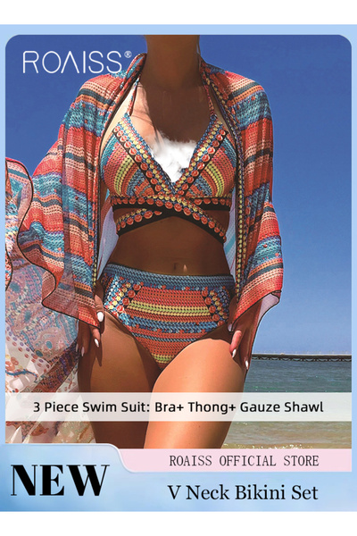 ROAISS طقم بيكيني سباحة عتيق مكون من 3 قطع للنساء يتضمن الجزء العلوي والسفلي ...