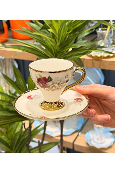 Onedekor 6-Person Porcelain Cleome Coffee Cup Set - 90 ml