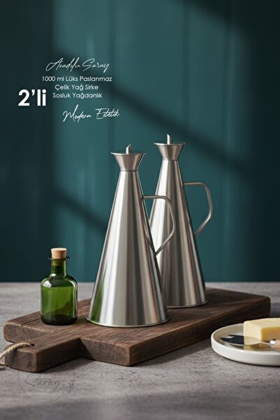 Anadolu Saray 2-Piece Mega Size 1000 ml Luxury Stainless Steel Oil and Vinegar Set | Kitchen Elegance
