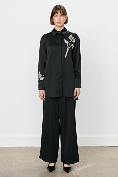 Nihan Taş Detaylı Saten Pantolon Tunik Takım Siyah