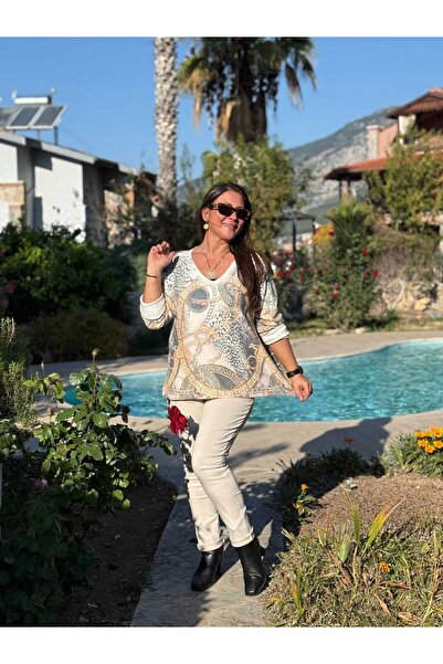 Punta Otantik Yg90662 Mercerized V-Neck Printed Italian Blouse Yellow