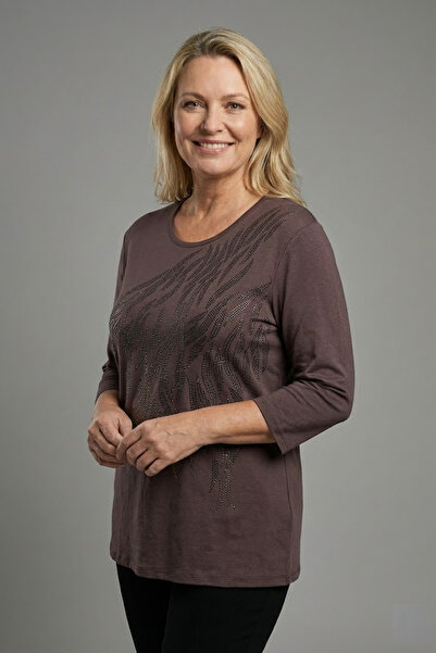 YXL COLLECTION Γυναικείο μπλουζάκι μεγάλου μεγέθους ελαστικό ύφασμα με λαιμόκοψη με πέτρινο στάμπα με τριών τετάρτων μανίκια (4 ελαφρύ ) Mother T-shirt Βαμβακερή μπλούζα