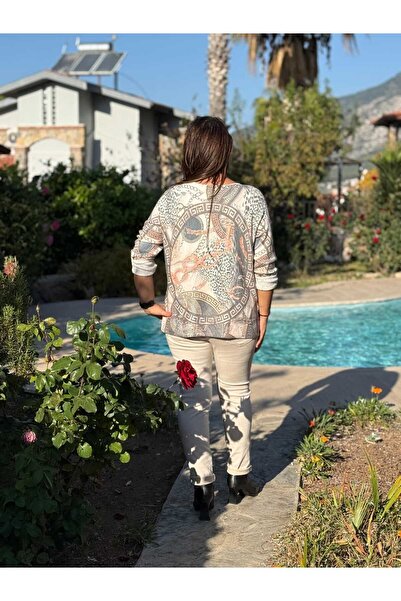 Punta Otantik YG90662 Μερσεριζέ ιταλική μπλούζα με λαιμόκοψη σε σχήμα V με τύπωμα ΓΚΡΙ