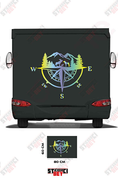 STİCKERCI BEY Camper Sticker Coating with Mountain and Compass Image
