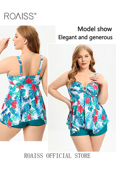 ROAISS 2 Piece Plus Size Swimsuit for Women Conservative Split Bikini Suits Involves High Waisted Tankini D