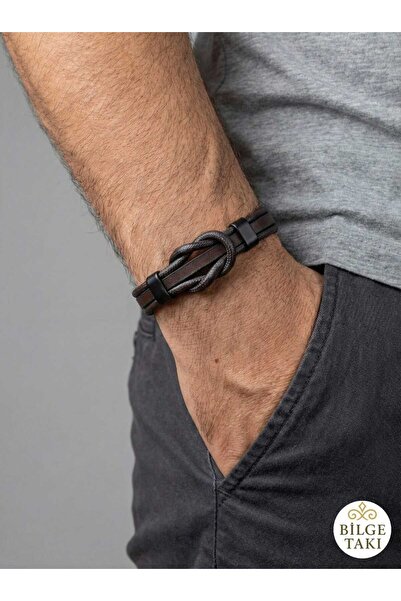 Bilge Takı سوار جلدي للرجال بلون بني داكن مع تفاصيل على شكل فيونكة، تصميم متع...