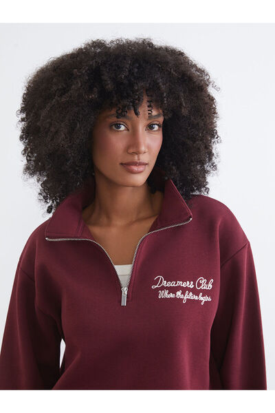 LC Waikiki Γυναικείο χοντρό φούτερ μπορντό ψηλός λαιμός με κέντημα oversized