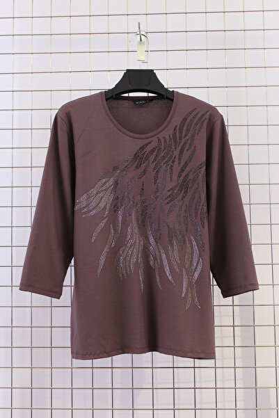 YXL COLLECTION Γυναικείο μπλουζάκι μεγάλου μεγέθους ελαστικό ύφασμα με λαιμόκοψη με πέτρινο στάμπα με τριών τετάρτων μανίκια (4 ελαφρύ ) Mother T-shirt Βαμβακερή μπλούζα