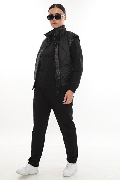 zitex Stone Detailed Vest Set 3-Piece Large Size Tracksuit Set