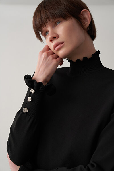 Mathilda Store Siyah Dik Yaka Kol Detaylı Triko Kazak