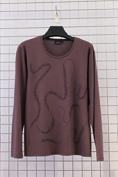 YXL COLLECTION Γυναικείο μπλουζάκι με μακρυμάνικο μπλουζάκι με λαιμόκοψη ελαστικό ύφασμα με πέτρινο στάμπα - Καφέ