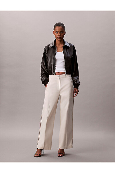 Calvin Klein Cotton Twill All over Printed Logo Striped Women's White Trousers Pants Lv044D612G-Gtr