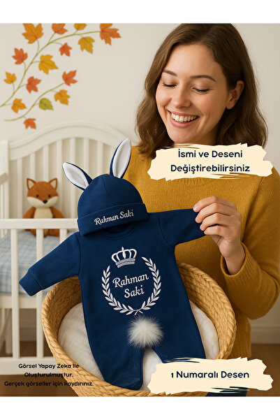 KARSU TASARIM Nakış işlemeli isimli Lacivert Tulum Şapka Eldiven %100 Pamuk H...