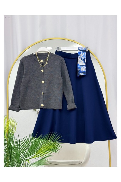 YEDİLALE Heart Buttoned Knitwear Cardigan Flawed Skirt Double Set [Cardigan Std Size, Skirt Size Included]