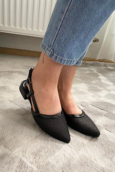 asmi shoes Women's Tena Black Patent Leather Glittery Open Back Pointed Toe Daily Ballerinas