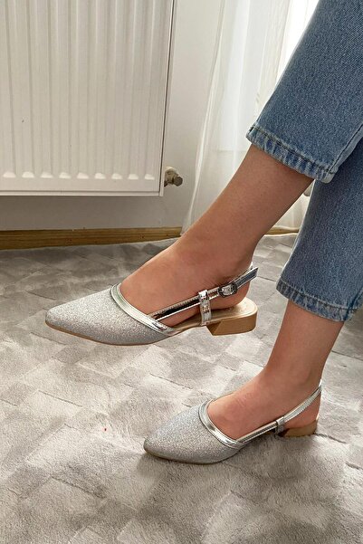 asmi shoes Γυναικείες μπαλαρίνες Tena Silver Glitter με ανοιχτή πλάτη με μυτερή μύτη