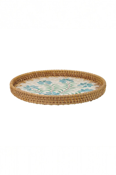 oceanpoint Round Rattan Framed Tray, with Mother of Pearl Shell Mosaic, 28 Cm, Blue Flower, Presentation Serving