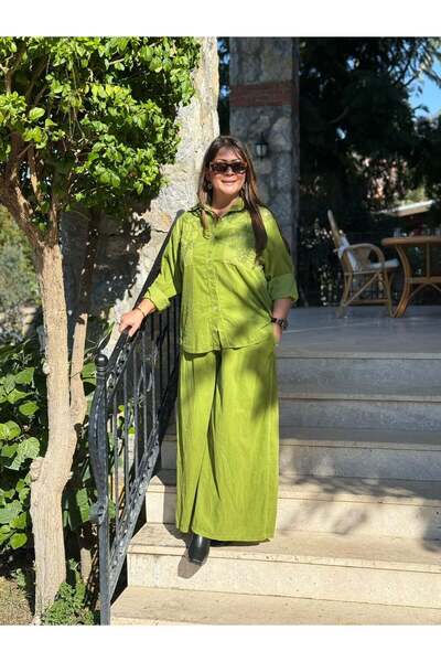 Punta Otantik Nc25446 Italian Velvet Sequin Pants Blouse Set Pistachio Green