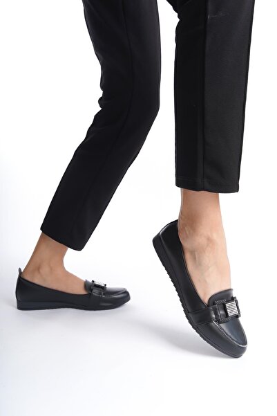 asmi shoes Women's Arya Black Jewelled Buckle Treated Flat Ballerinas