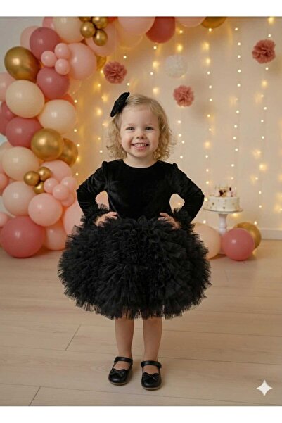 penu baby kids Black Velvet Long Sleeve Baby Girl Dress with Tutu Skirt