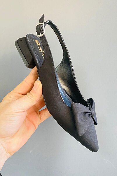 asmi shoes Sista Black Fabric Bow Open Back 2 cm Heeled Pointed Toe Ballerinas