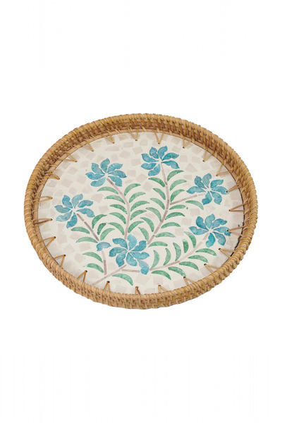 oceanpoint Round Rattan Framed Tray, with Mother of Pearl Shell Mosaic, 28 Cm, Blue Flower, Presentation Serving
