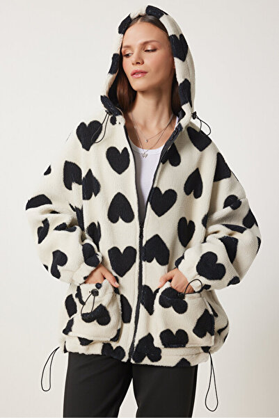 MANMARK Women's Oversized Hooded Heart Patterned Plush Jacket Coat