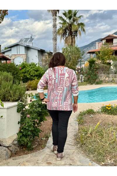 Punta Otantik Yg90664 Mercerized V-Neck Printed Italian Blouse Pink