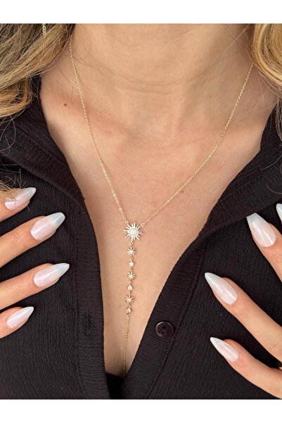 LEROSY CO. Çoklu Yıldız Güneş Tasarım Kolye – Zirkon Taşlı Paslanmaz Çelik Gold