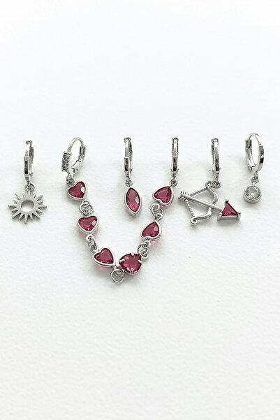 TAKIŞTIR 6'lı Gümüş Renk Taş Detaylı Küpe Set